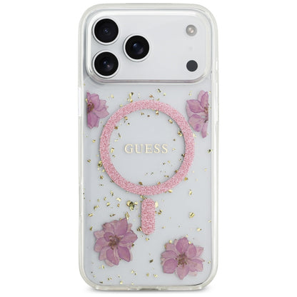 Etui MagSafe dla Apple iPhone 17 Pro Max, Guess, Resin Flowers and Glitter, Różowy