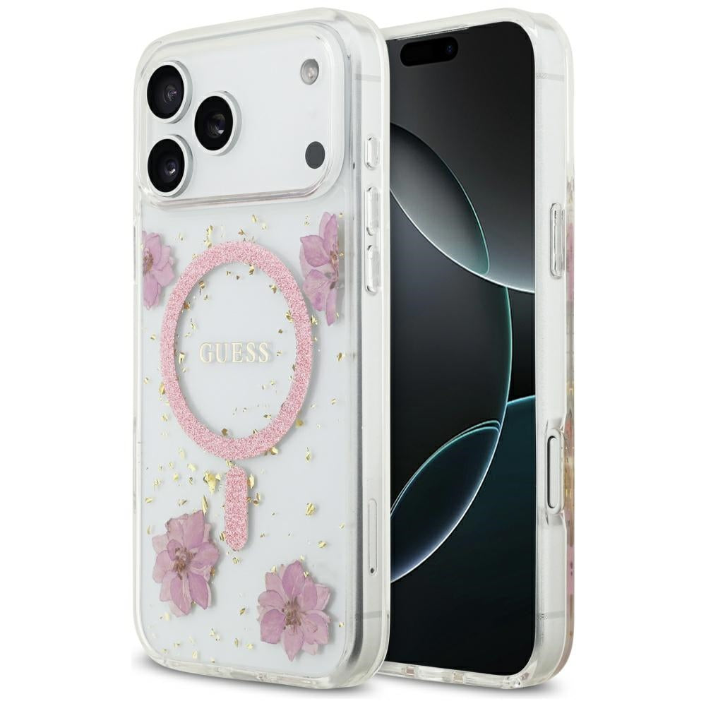 Etui MagSafe dla Apple iPhone 17 Pro Max, Guess, Resin Flowers and Glitter, Różowy