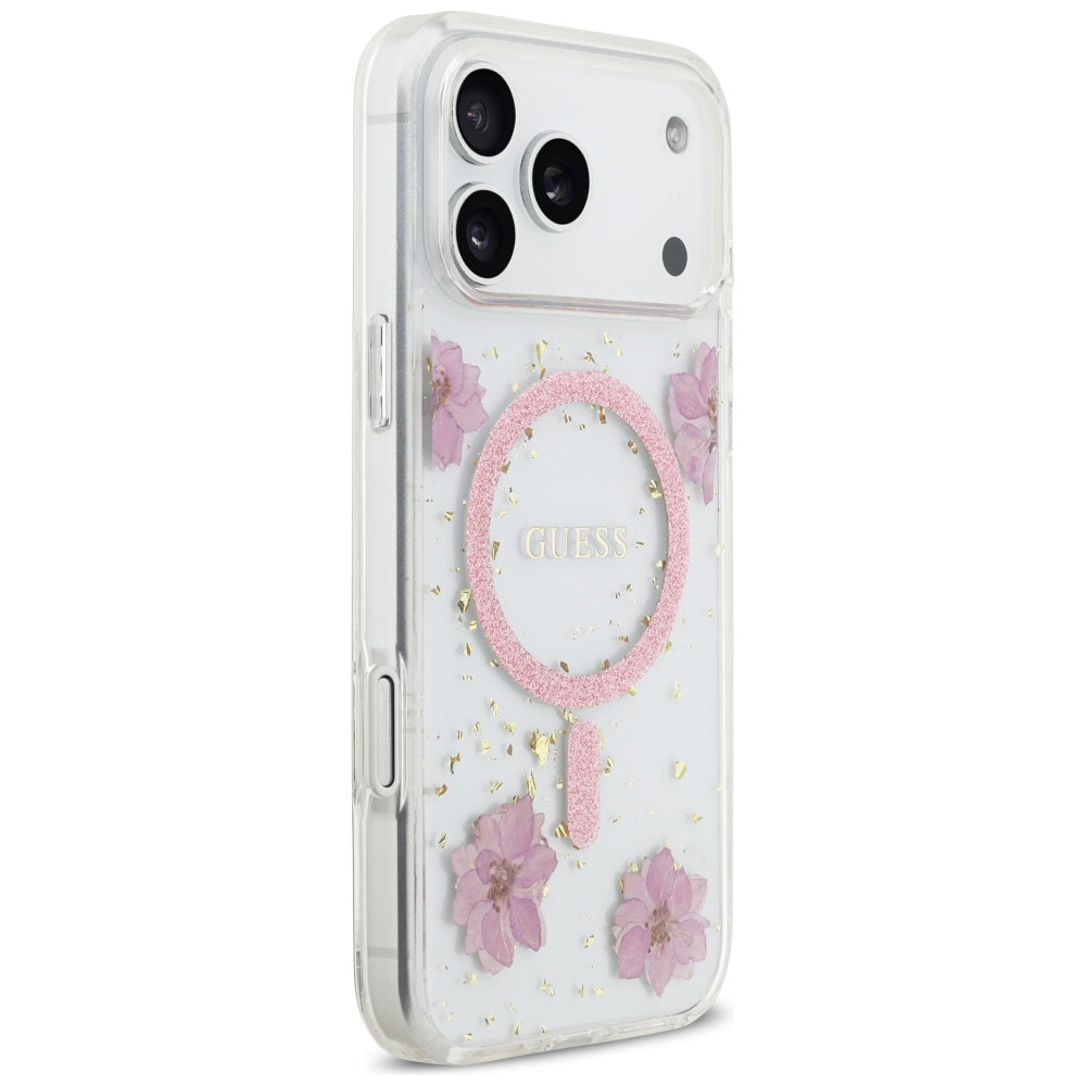 Etui MagSafe dla Apple iPhone 17 Pro Max, Guess, Resin Flowers and Glitter, Różowy