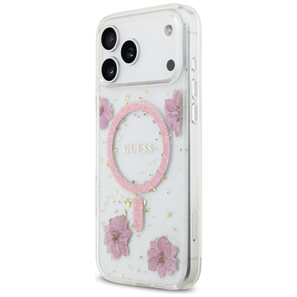 Etui MagSafe dla Apple iPhone 17 Pro Max, Guess, Resin Flowers and Glitter, Różowy