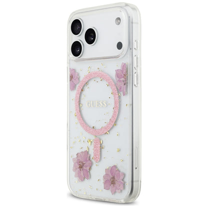 Etui MagSafe dla Apple iPhone 17 Pro Max, Guess, Resin Flowers and Glitter, Różowy