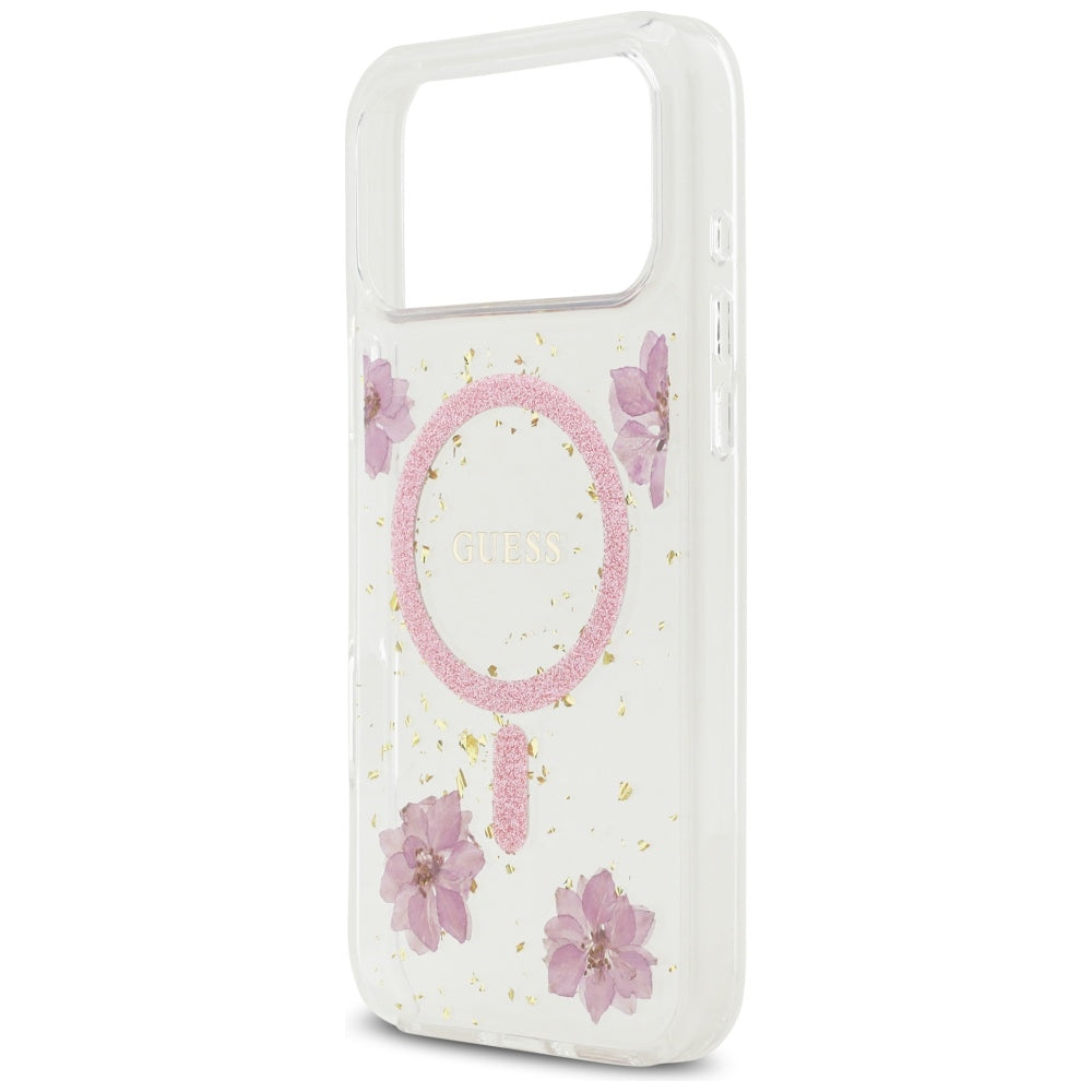 Etui MagSafe dla Apple iPhone 17 Pro Max, Guess, Resin Flowers and Glitter, Różowy