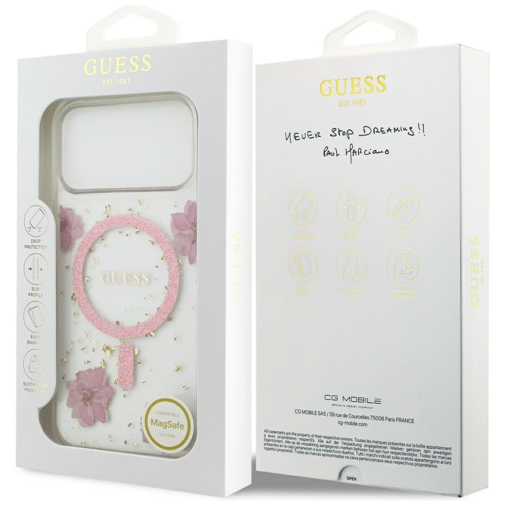 Etui MagSafe dla Apple iPhone 17 Pro Max, Guess, Resin Flowers and Glitter, Różowy