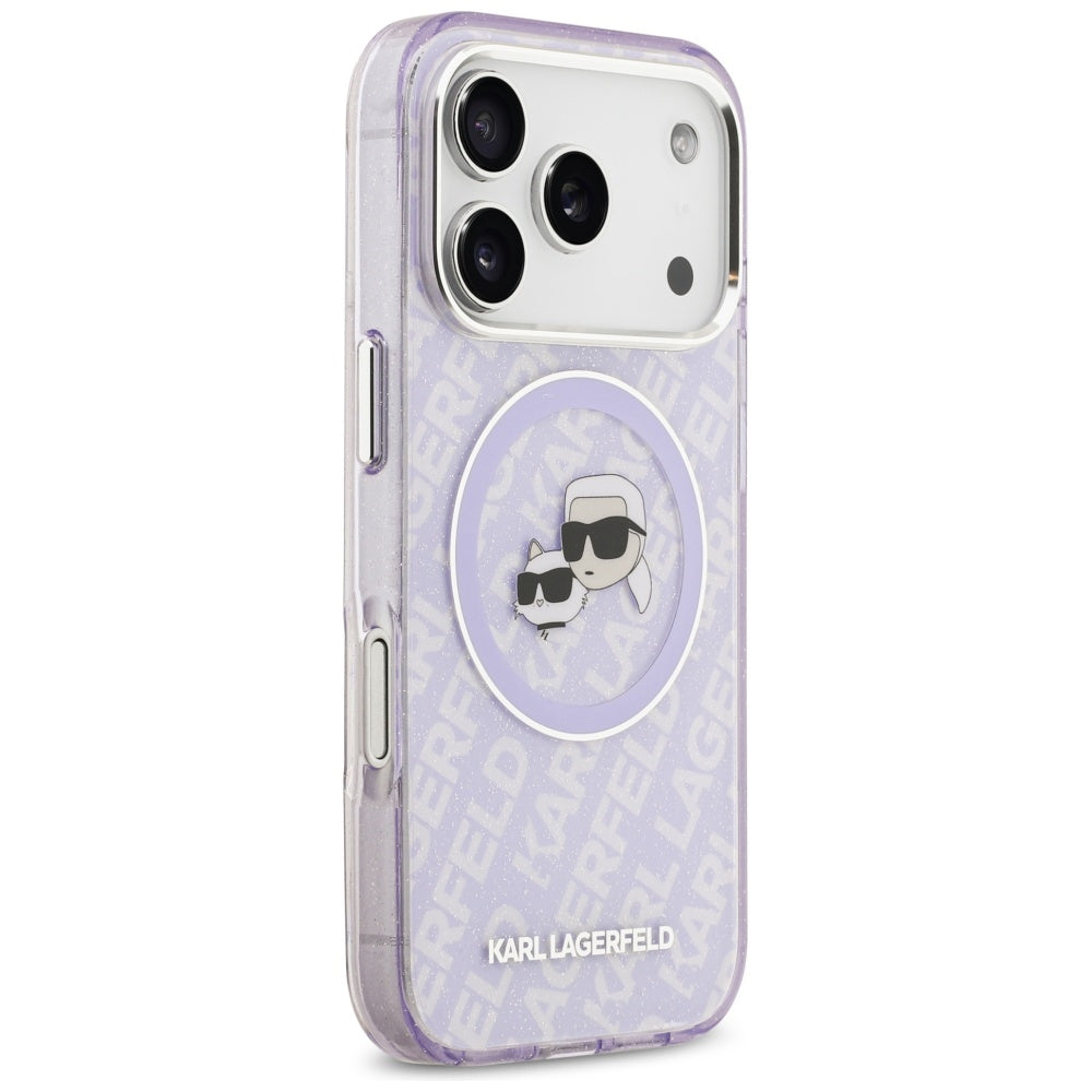 Etui MagSafe dla Apple iPhone 17 Pro Max, Karl Lagerfeld, IML Glitter Karl & Choupette`s Heads, Fioletowy