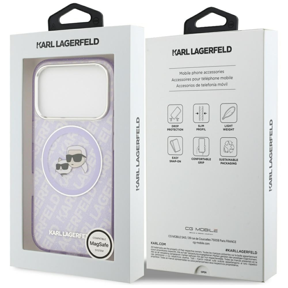 Etui MagSafe dla Apple iPhone 17 Pro Max, Karl Lagerfeld, IML Glitter Karl & Choupette`s Heads, Fioletowy