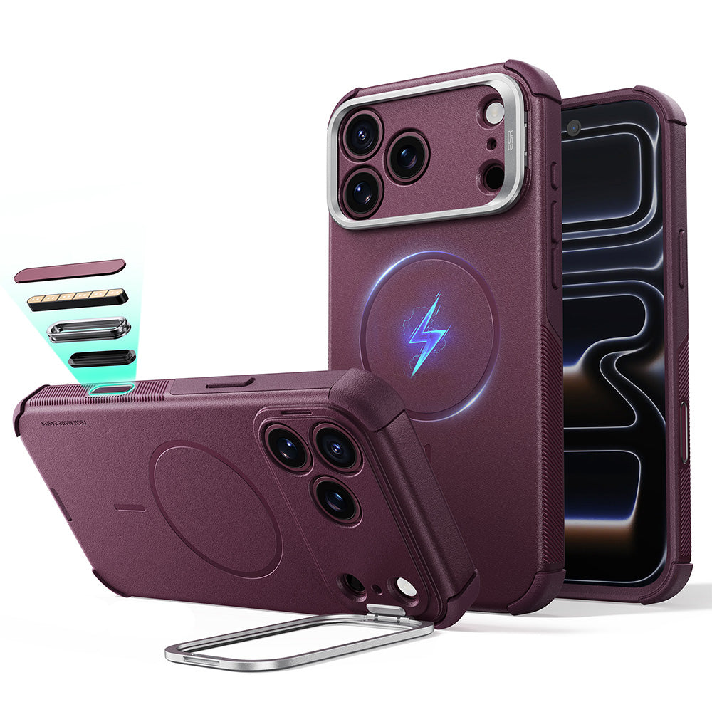 Etui MagSafe do Apple iPhone 18 Pro / 17 Pro, ESR, Cyber Armor Kickstand, Ciemnoczerwony Satynowy
