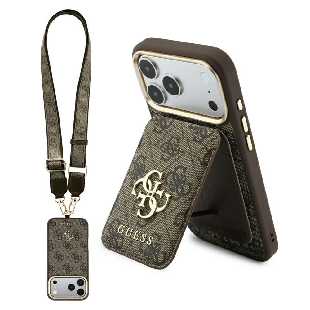 Etui MagSafe do Apple iPhone 18 Pro / 17 Pro, Guess, 4G Cardslot & Big Strap, brązowy