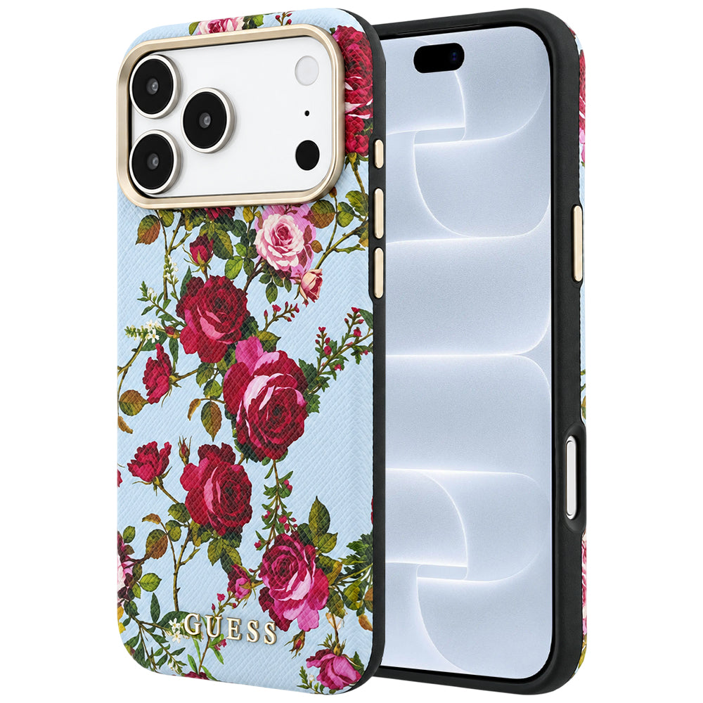 Etui MagSafe do Apple iPhone 18 Pro / 17 Pro, Guess, Blossom Roses Print, niebieski