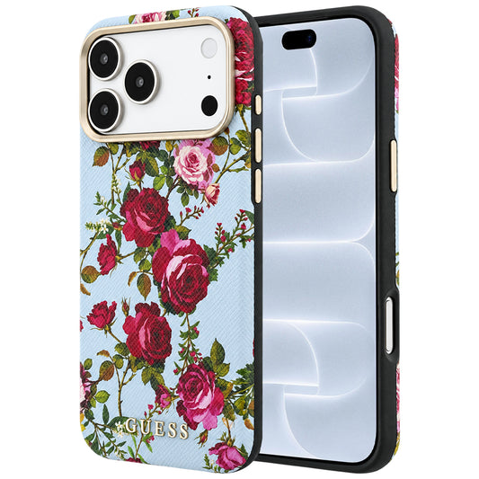 Etui MagSafe do Apple iPhone 18 Pro / 17 Pro, Guess, Blossom Roses Print, niebieski