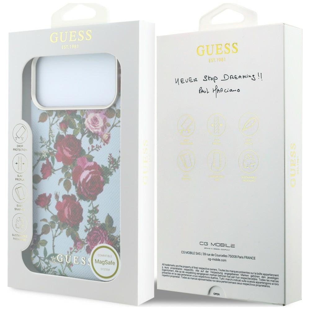 Etui MagSafe do Apple iPhone 18 Pro / 17 Pro, Guess, Blossom Roses Print, niebieski