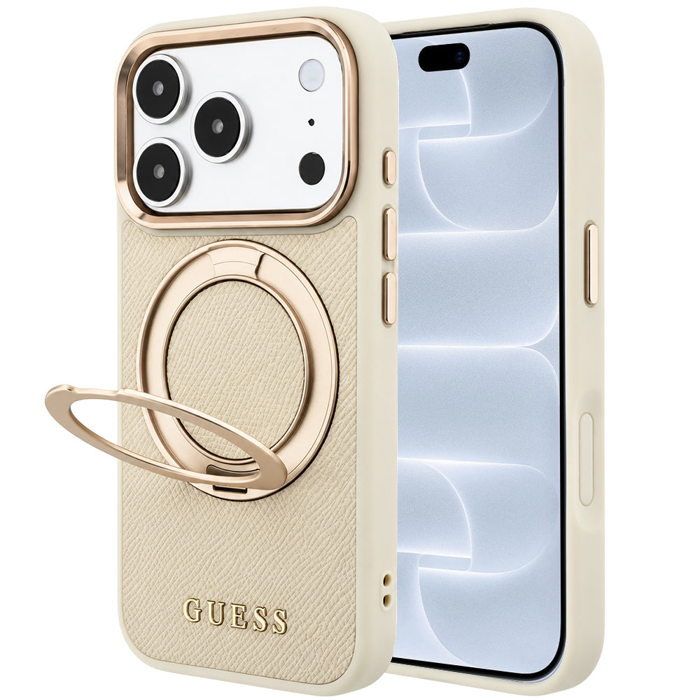 Etui MagSafe do Apple iPhone 18 Pro / 17 Pro, Guess, Grained Ring Stand 360 Classic, beżowy