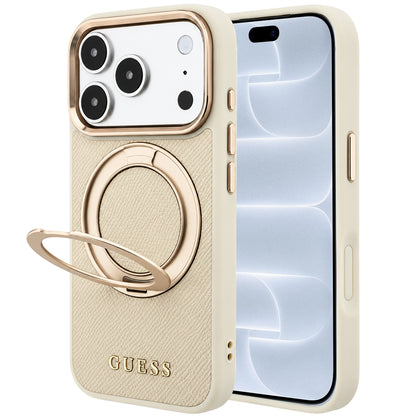 Etui MagSafe do Apple iPhone 18 Pro / 17 Pro, Guess, Grained Ring Stand 360 Classic, beżowy