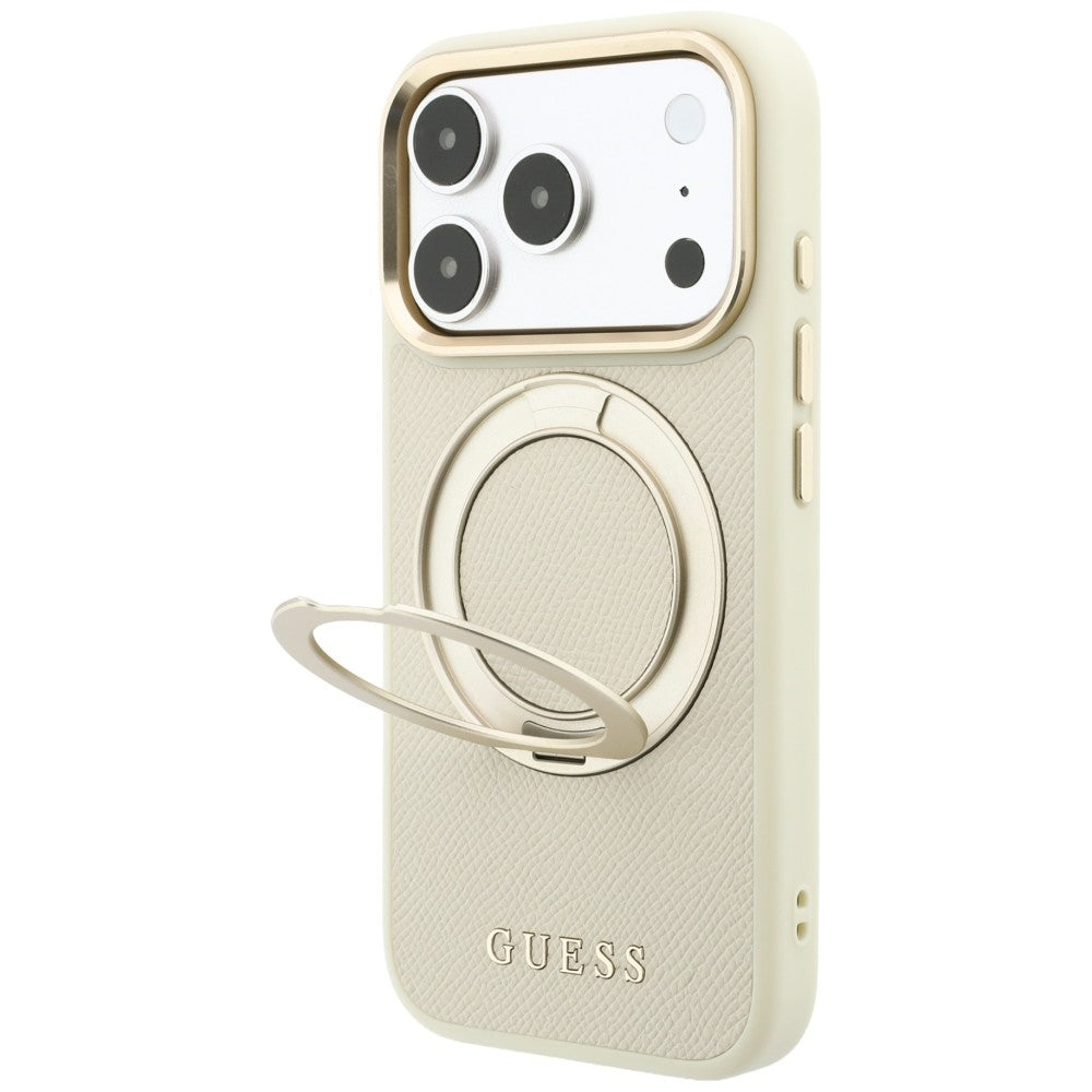 Etui MagSafe do Apple iPhone 18 Pro / 17 Pro, Guess, Grained Ring Stand 360 Classic, beżowy