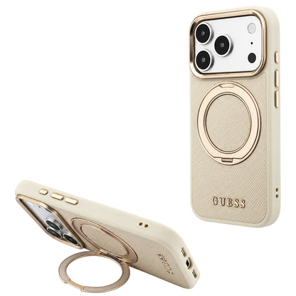 Etui MagSafe do Apple iPhone 18 Pro / 17 Pro, Guess, Grained Ring Stand 360 Classic, beżowy