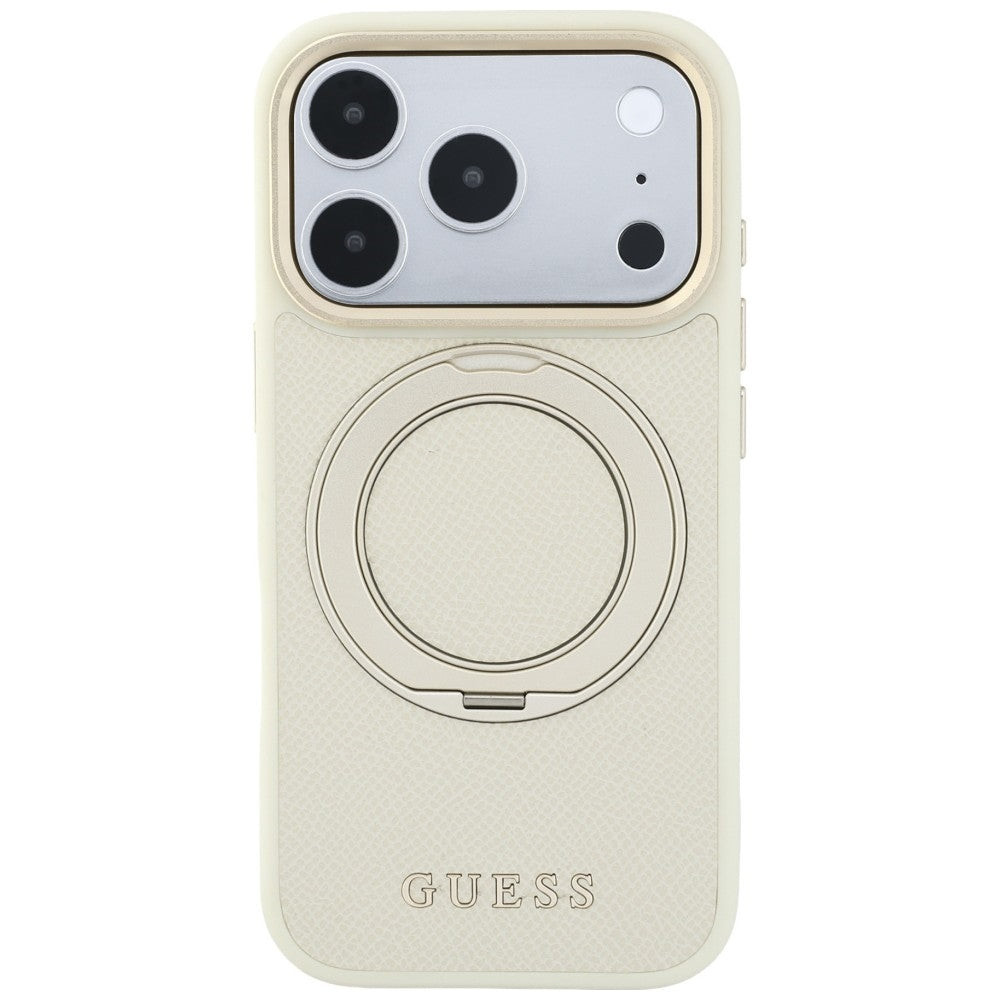 Etui MagSafe do Apple iPhone 18 Pro / 17 Pro, Guess, Grained Ring Stand 360 Classic, beżowy