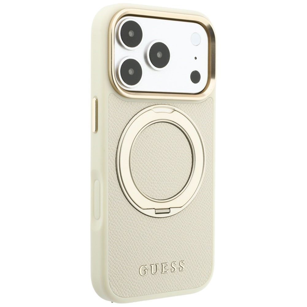 Etui MagSafe do Apple iPhone 18 Pro / 17 Pro, Guess, Grained Ring Stand 360 Classic, beżowy