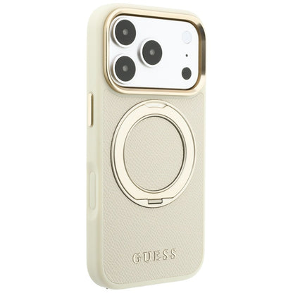 Etui MagSafe do Apple iPhone 18 Pro / 17 Pro, Guess, Grained Ring Stand 360 Classic, beżowy