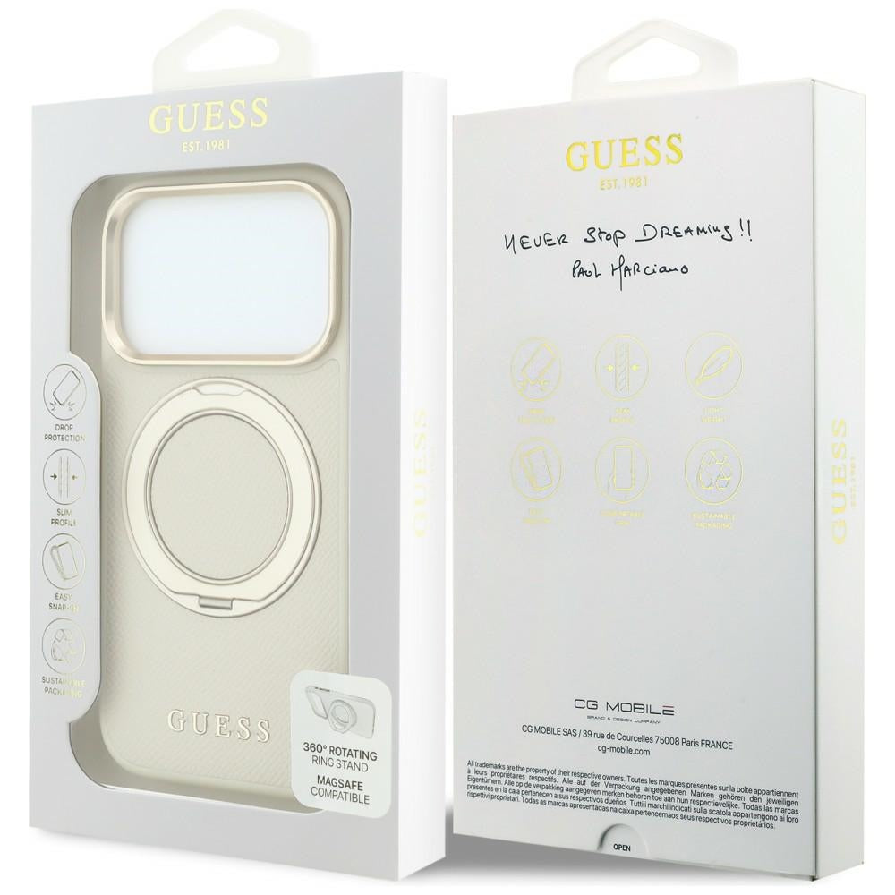 Etui MagSafe do Apple iPhone 18 Pro / 17 Pro, Guess, Grained Ring Stand 360 Classic, beżowy