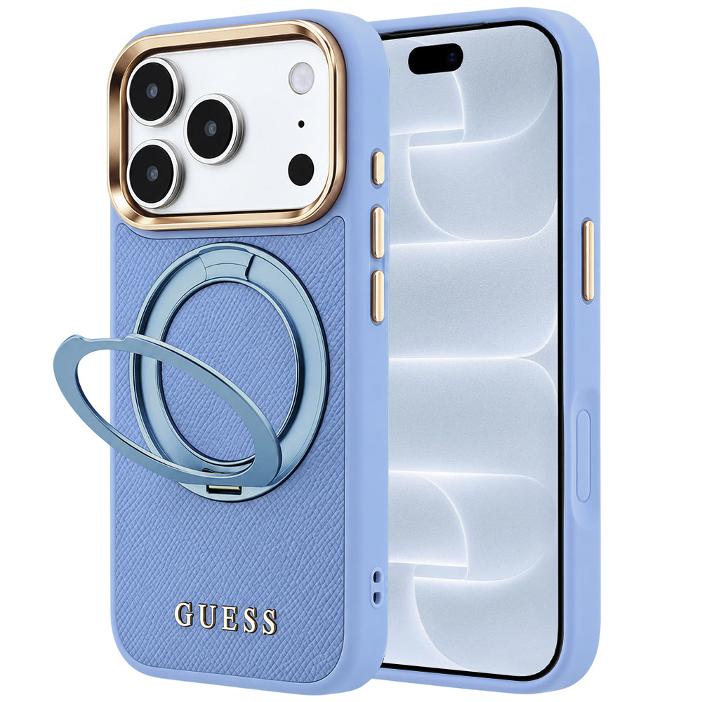 Etui MagSafe do Apple iPhone 18 Pro / 17 Pro, Guess, Grained Ring Stand 360 Classic, błękitny