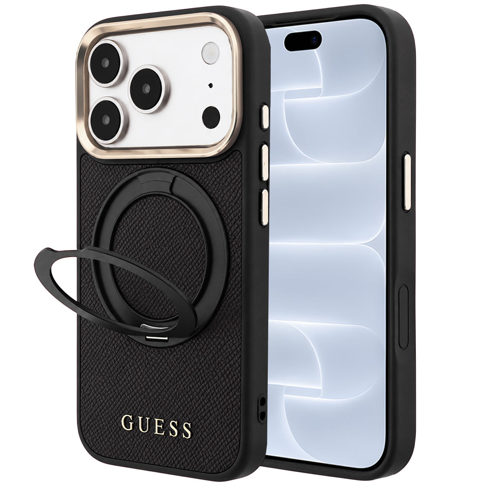 Etui MagSafe do Apple iPhone 18 Pro / 17 Pro, Guess Grained Ring Stand 360 Classic, czarne