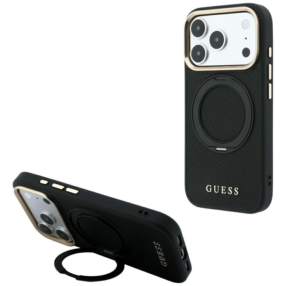 Etui MagSafe do Apple iPhone 18 Pro / 17 Pro, Guess Grained Ring Stand 360 Classic, czarne