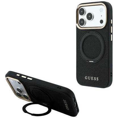 Etui MagSafe do Apple iPhone 18 Pro / 17 Pro, Guess Grained Ring Stand 360 Classic, czarne
