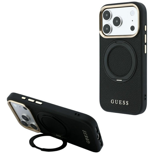 Etui MagSafe do Apple iPhone 18 Pro / 17 Pro, Guess Grained Ring Stand 360 Classic, czarne