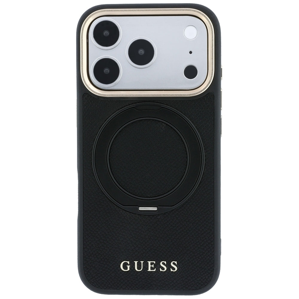 Etui MagSafe do Apple iPhone 18 Pro / 17 Pro, Guess Grained Ring Stand 360 Classic, czarne