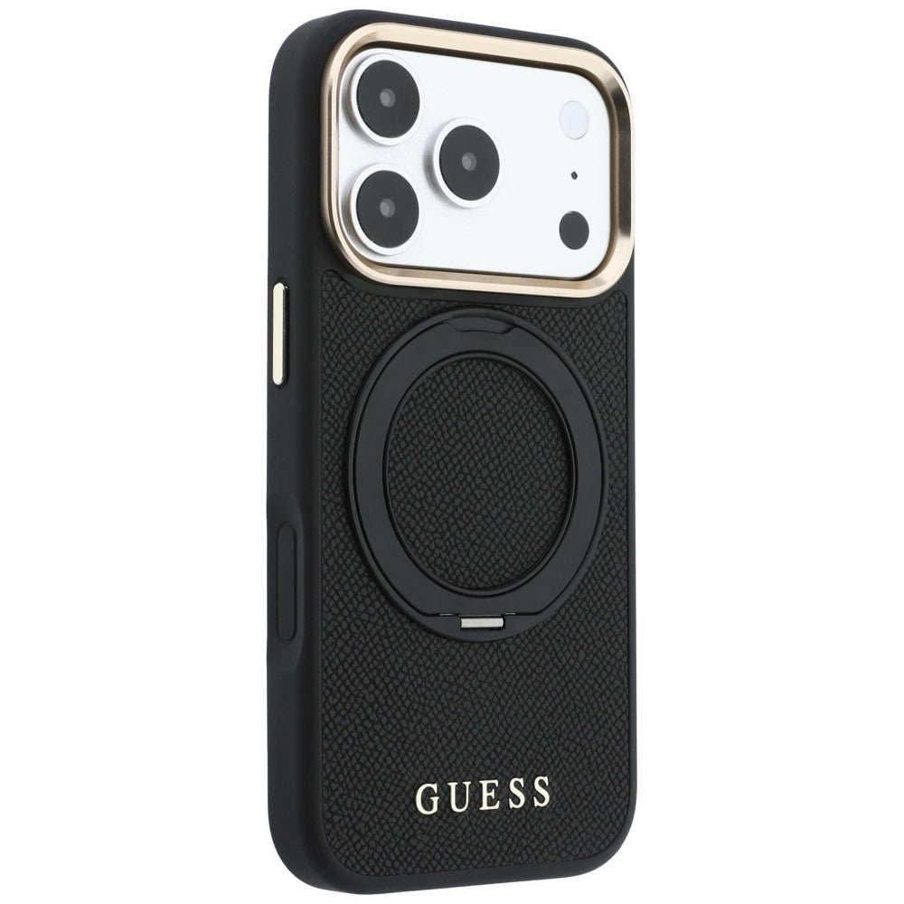 Etui MagSafe do Apple iPhone 18 Pro / 17 Pro, Guess Grained Ring Stand 360 Classic, czarne