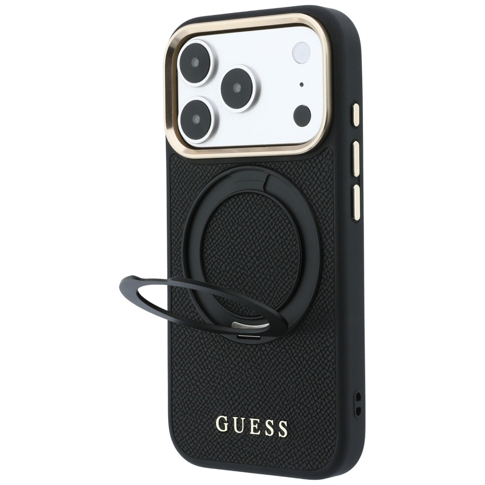 Etui MagSafe do Apple iPhone 18 Pro / 17 Pro, Guess Grained Ring Stand 360 Classic, czarne
