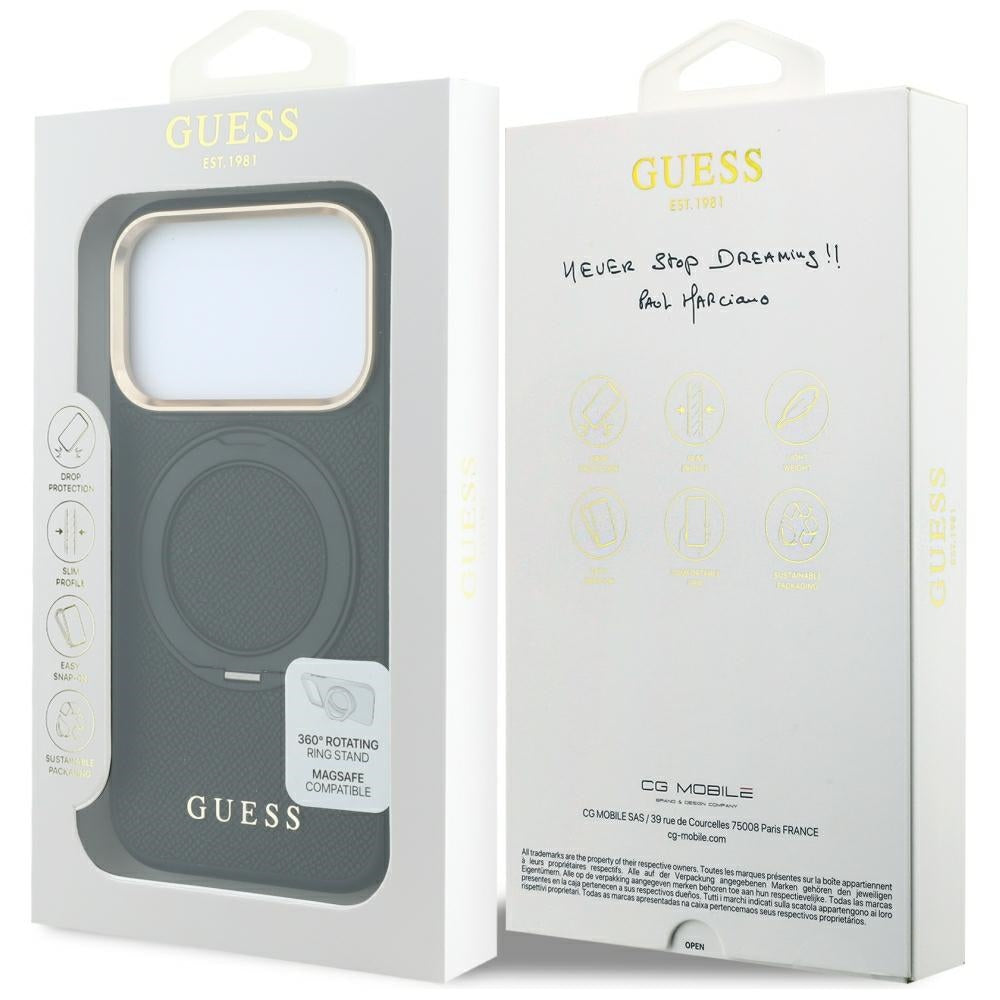 Etui MagSafe do Apple iPhone 18 Pro / 17 Pro, Guess Grained Ring Stand 360 Classic, czarne