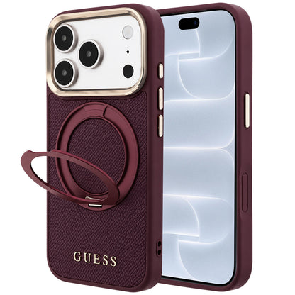 Etui MagSafe do Apple iPhone 18 Pro / 17 Pro, Guess, Grained Ring Stand 360 Classic, bordowe