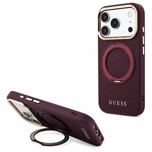 Etui MagSafe do Apple iPhone 18 Pro / 17 Pro, Guess, Grained Ring Stand 360 Classic, bordowe