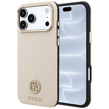 Etui MagSafe do Apple iPhone 18 Pro / 17 Pro, Guess, z ziarnistym okrągłym logo z kryształkami, beżowe