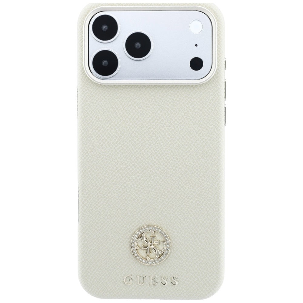 Etui MagSafe do Apple iPhone 18 Pro / 17 Pro, Guess, z ziarnistym okrągłym logo z kryształkami, beżowe