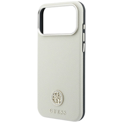 Etui MagSafe do Apple iPhone 18 Pro / 17 Pro, Guess, z ziarnistym okrągłym logo z kryształkami, beżowe