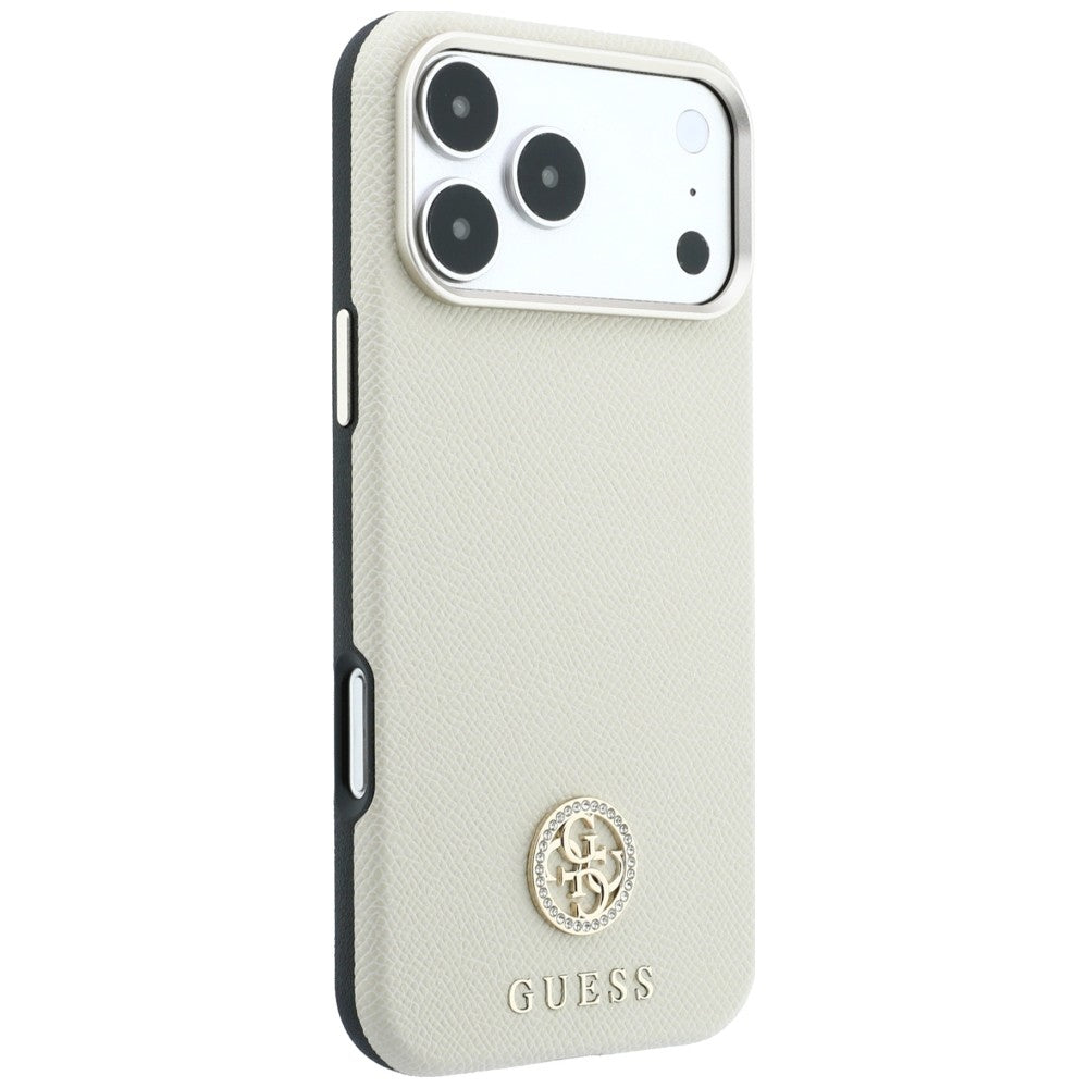 Etui MagSafe do Apple iPhone 18 Pro / 17 Pro, Guess, z ziarnistym okrągłym logo z kryształkami, beżowe
