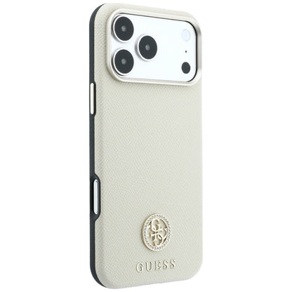 Etui MagSafe do Apple iPhone 18 Pro / 17 Pro, Guess, z ziarnistym okrągłym logo z kryształkami, beżowe