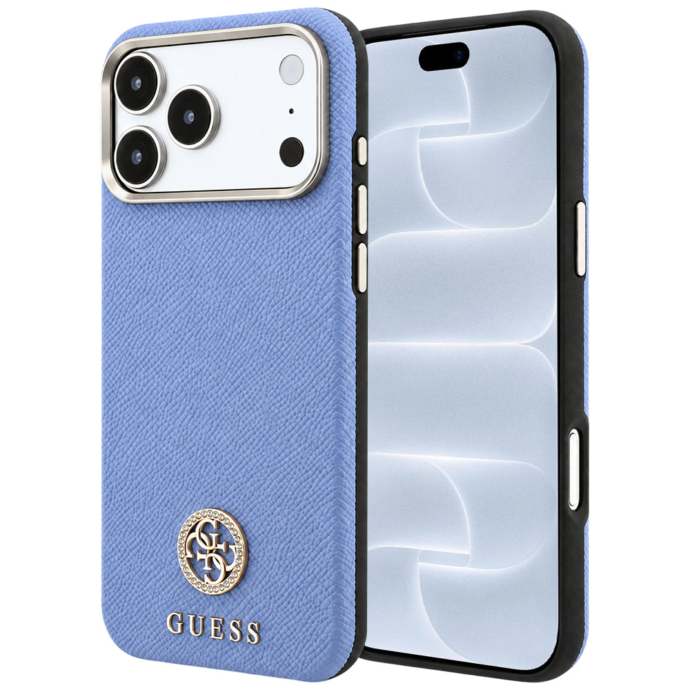 Etui MagSafe do Apple iPhone 18 Pro / 17 Pro, Guess, z ziarnistym okrągłym logo z kryształkami, niebieskie