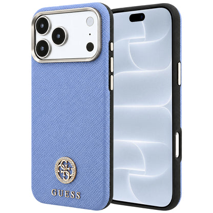 Etui MagSafe do Apple iPhone 18 Pro / 17 Pro, Guess, z ziarnistym okrągłym logo z kryształkami, niebieskie