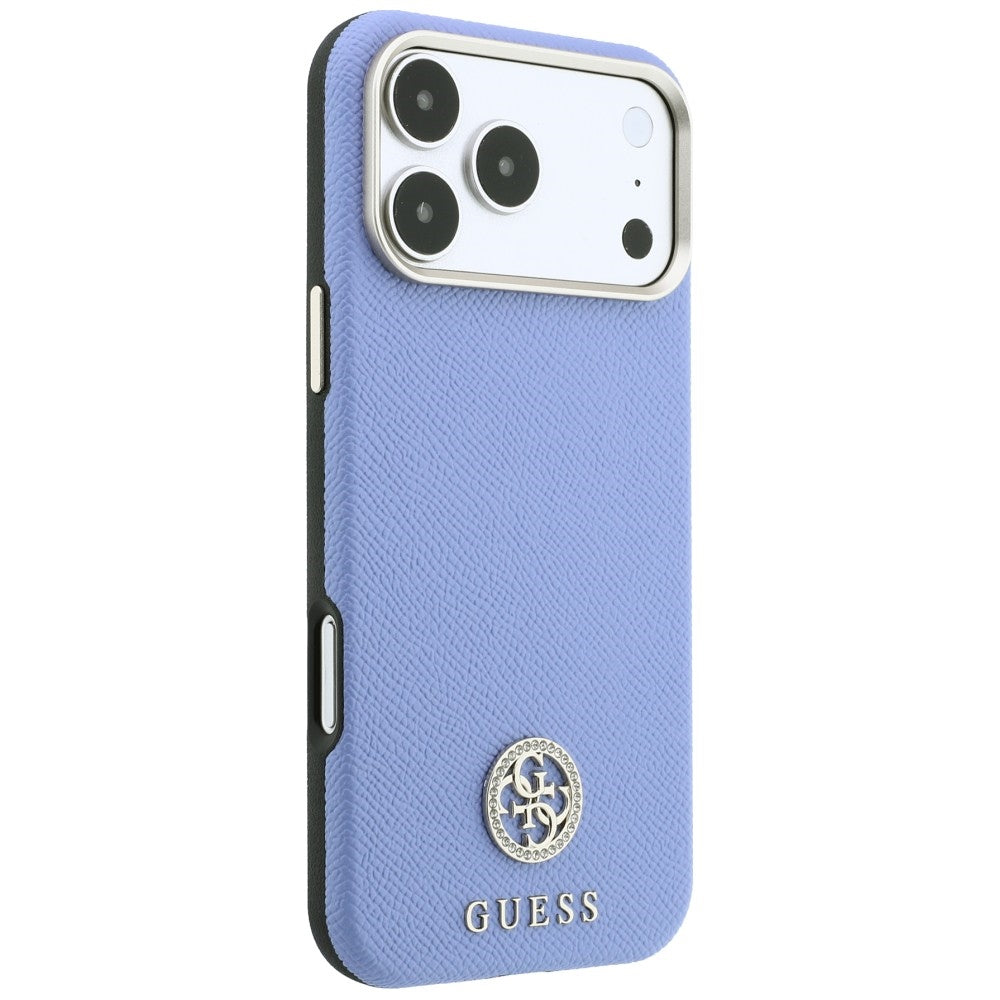 Etui MagSafe do Apple iPhone 18 Pro / 17 Pro, Guess, z ziarnistym okrągłym logo z kryształkami, niebieskie
