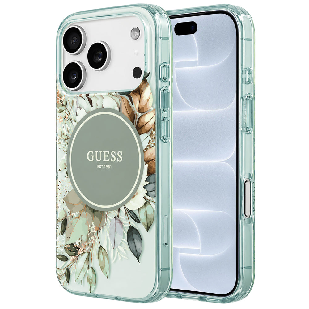 Etui MagSafe do Apple iPhone 18 Pro / 17 Pro, Guess, IML Flower & Tonal Circle, zielone