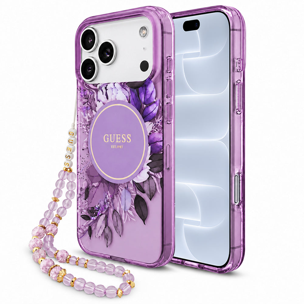 Etui MagSafe do Apple iPhone 18 Pro / 17 Pro, Guess, IML Flowers with Pearl Strap, fioletowe