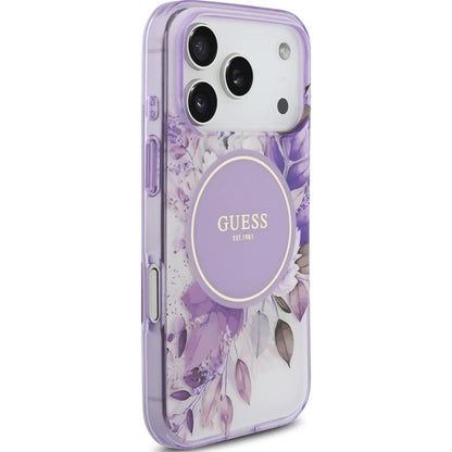 Etui MagSafe do Apple iPhone 18 Pro / 17 Pro, Guess, IML Flowers with Pearl Strap, fioletowe