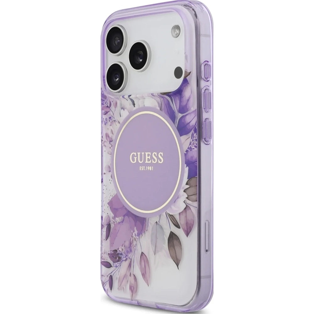 Etui MagSafe do Apple iPhone 18 Pro / 17 Pro, Guess, IML Flowers with Pearl Strap, fioletowe