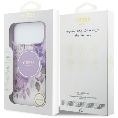 Etui MagSafe do Apple iPhone 18 Pro / 17 Pro, Guess, IML Flowers with Pearl Strap, fioletowe