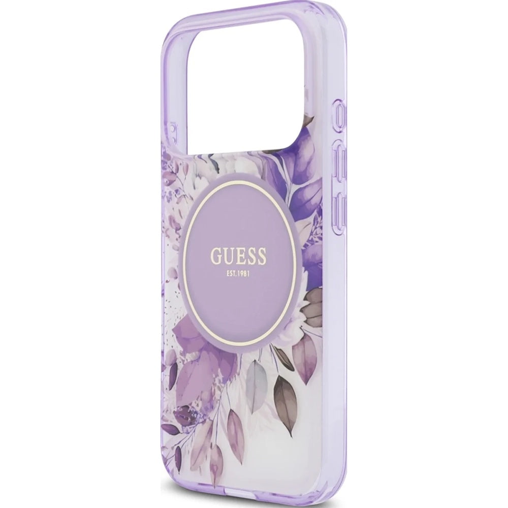 Etui MagSafe do Apple iPhone 18 Pro / 17 Pro, Guess, IML Flowers with Pearl Strap, fioletowe