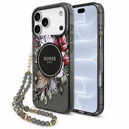 Etui MagSafe do Apple iPhone 18 Pro / 17 Pro, Guess, IML Flowers with Pearl Strap, czarne