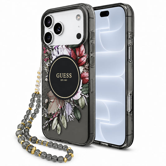 Etui MagSafe do Apple iPhone 18 Pro / 17 Pro, Guess, IML Flowers with Pearl Strap, czarne