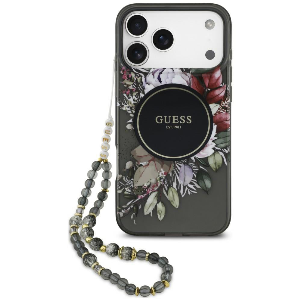 Etui MagSafe do Apple iPhone 18 Pro / 17 Pro, Guess, IML Flowers with Pearl Strap, czarne